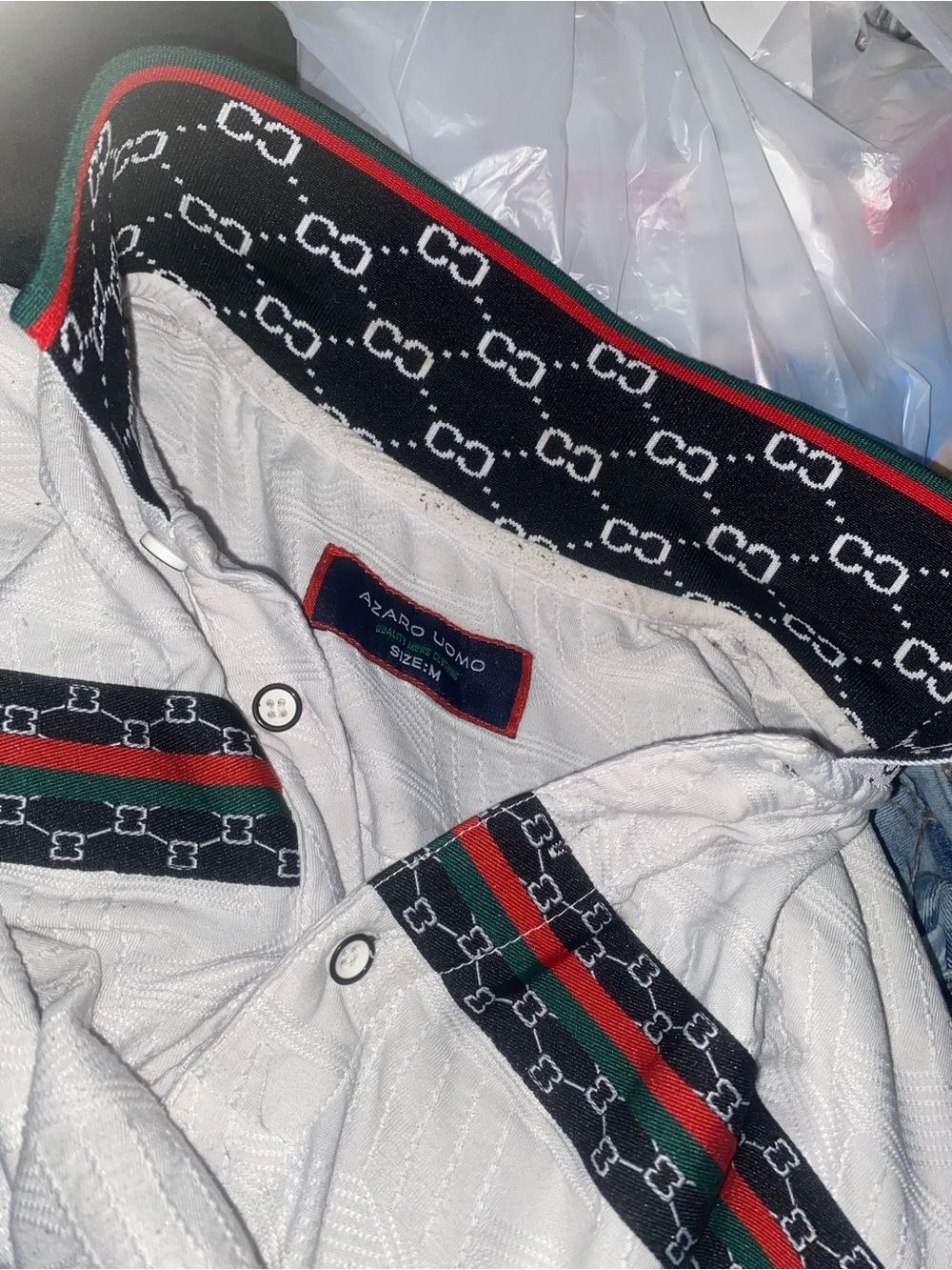 White Dress Shirt with Black, Red & Green Trim